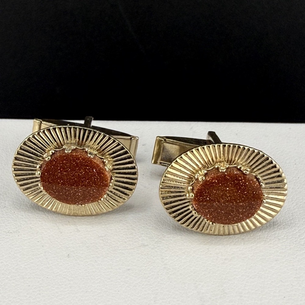 Vintage Estate‎ Cufflinks Gold Goldstone Oval Sunburst Ribbed One Size